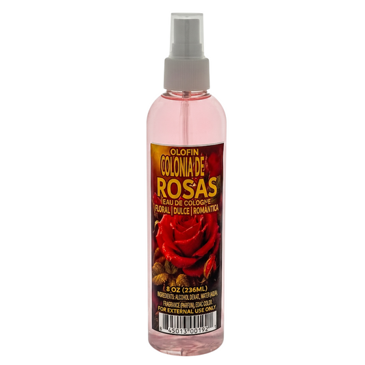 A bottle of Olofin Colonia de Rosas Eau de Cologne Herbal & Bulle Romantic spray, featuring a pink liquid, a gray spray nozzle, and a label with a red rose graphic on a white background.