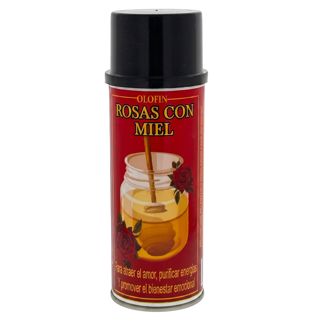 A can of Olofin Rosas Con Miel (Rosemary Honey) spray, featuring a red label with a honey jar illustration and a black cap, set against a plain white background.