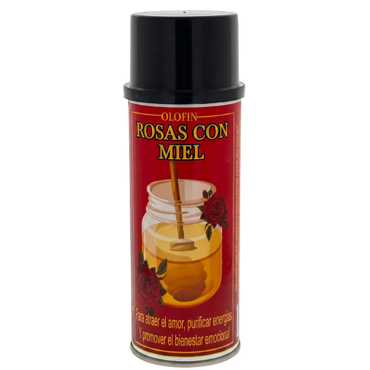 A can of Olofin Rosas Con Miel (Rosemary Honey) spray, featuring a red label with a honey jar illustration and a black cap, set against a plain white background.