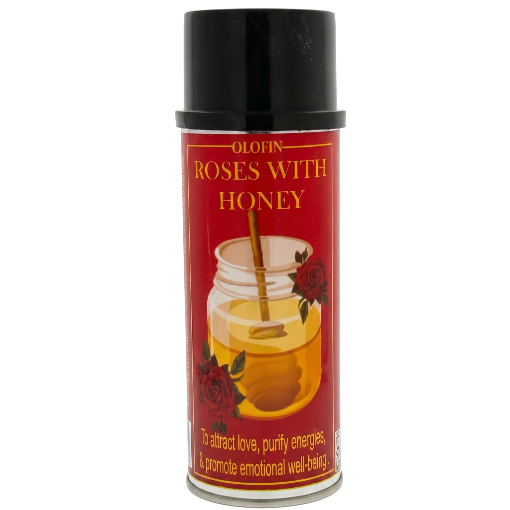 A can of Olofin 'Roses With Honey' perfume spray on a plain white background. The can features a black cap, a red label with gold lettering, and an illustration of a honey jar with roses.