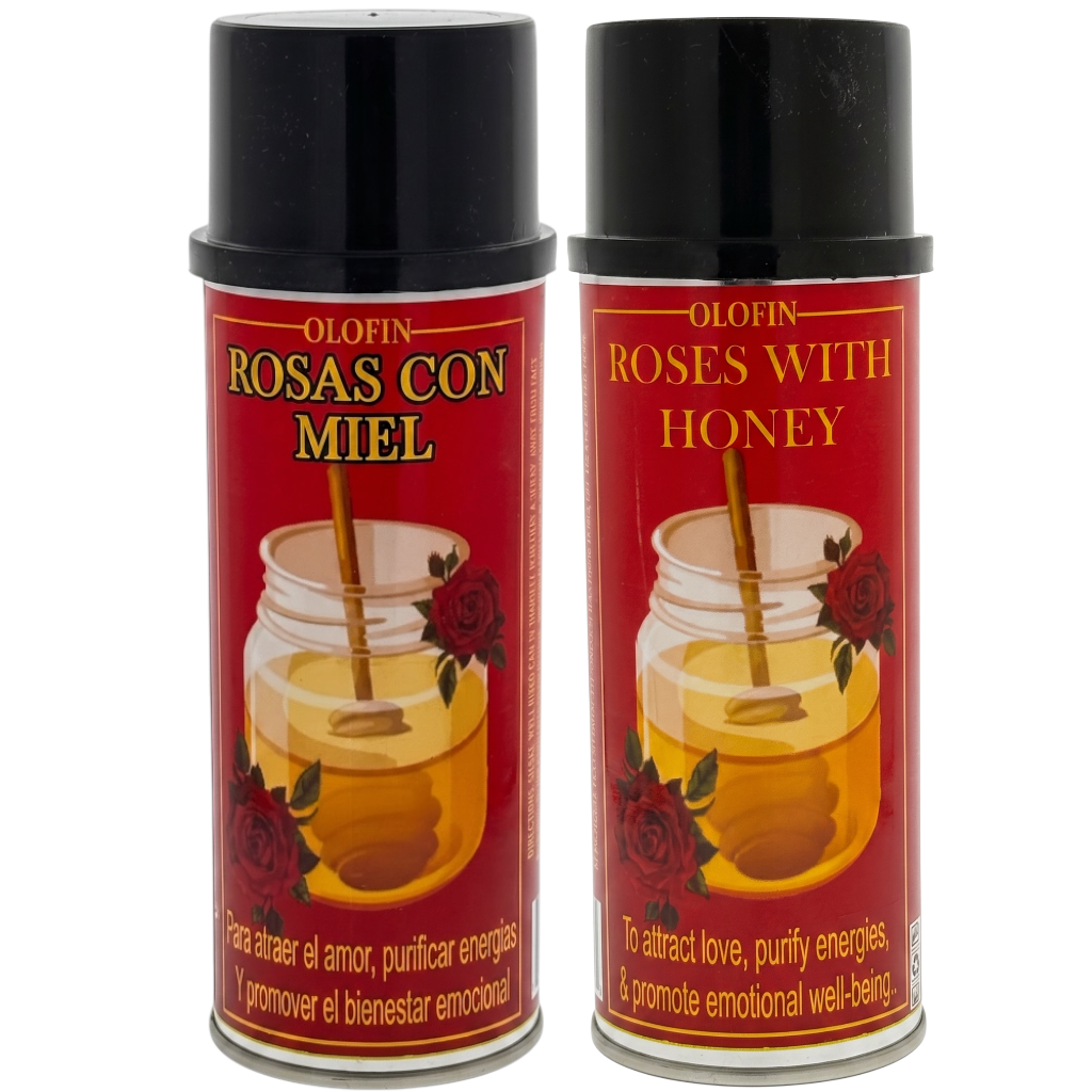 Two Olofin Rosas Con Miel / Roses With Honey spray cans side by side on a white background, featuring red labels with honey jars and rose illustrations.