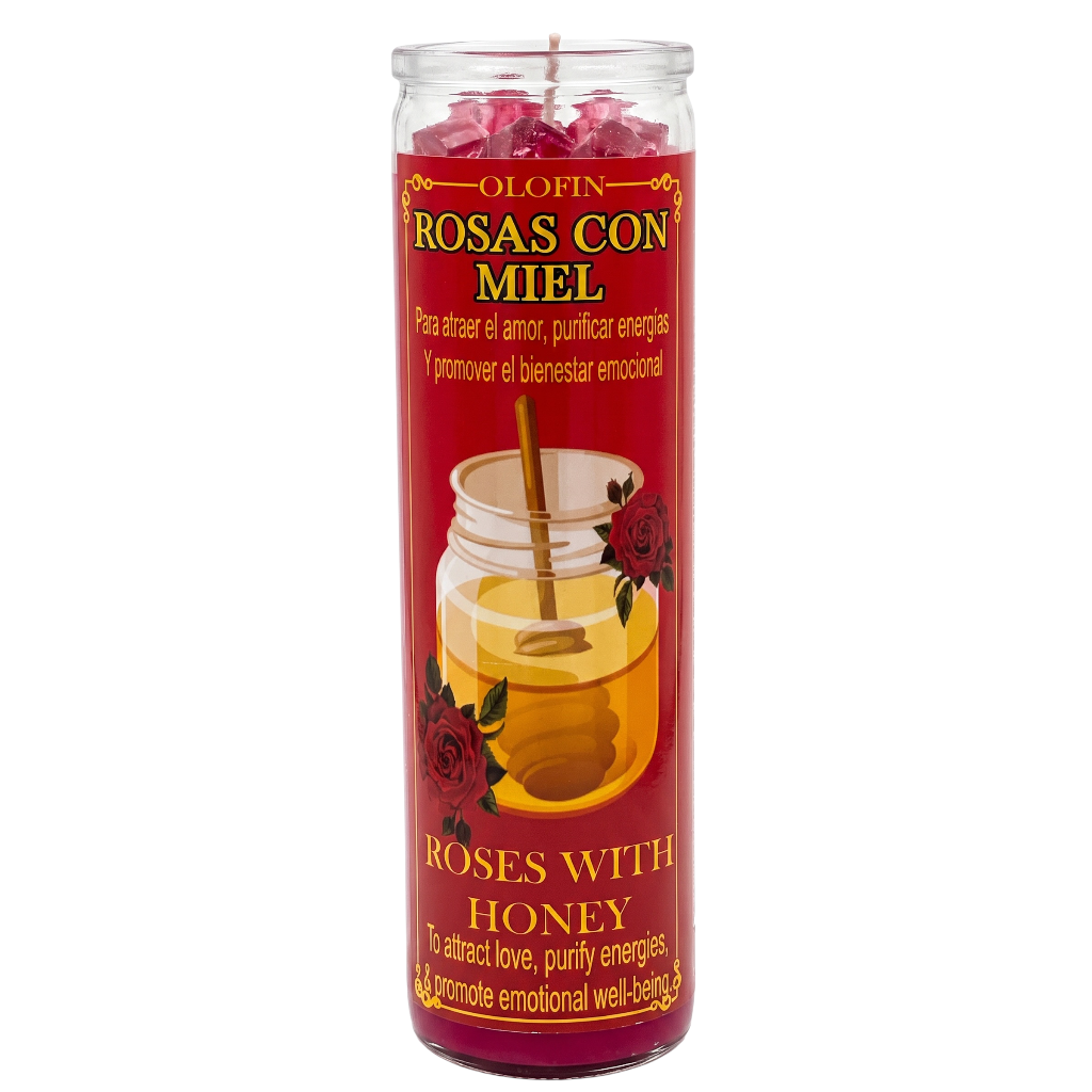 A tall glass jar candle labeled 'OLOFIN ROSAS CON MIEL' / 'ROSES WITH HONEY' with a red label, honey jar illustration, and pink rose petals visible inside a clear container on a white background.