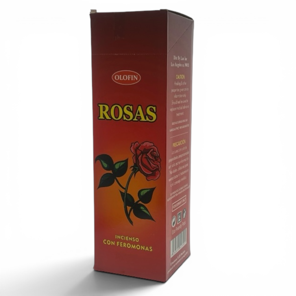 A tall rectangular red box of Olofin Rosas incense with feromonas, featuring a graphic of a red rose with green leaves on a white background.