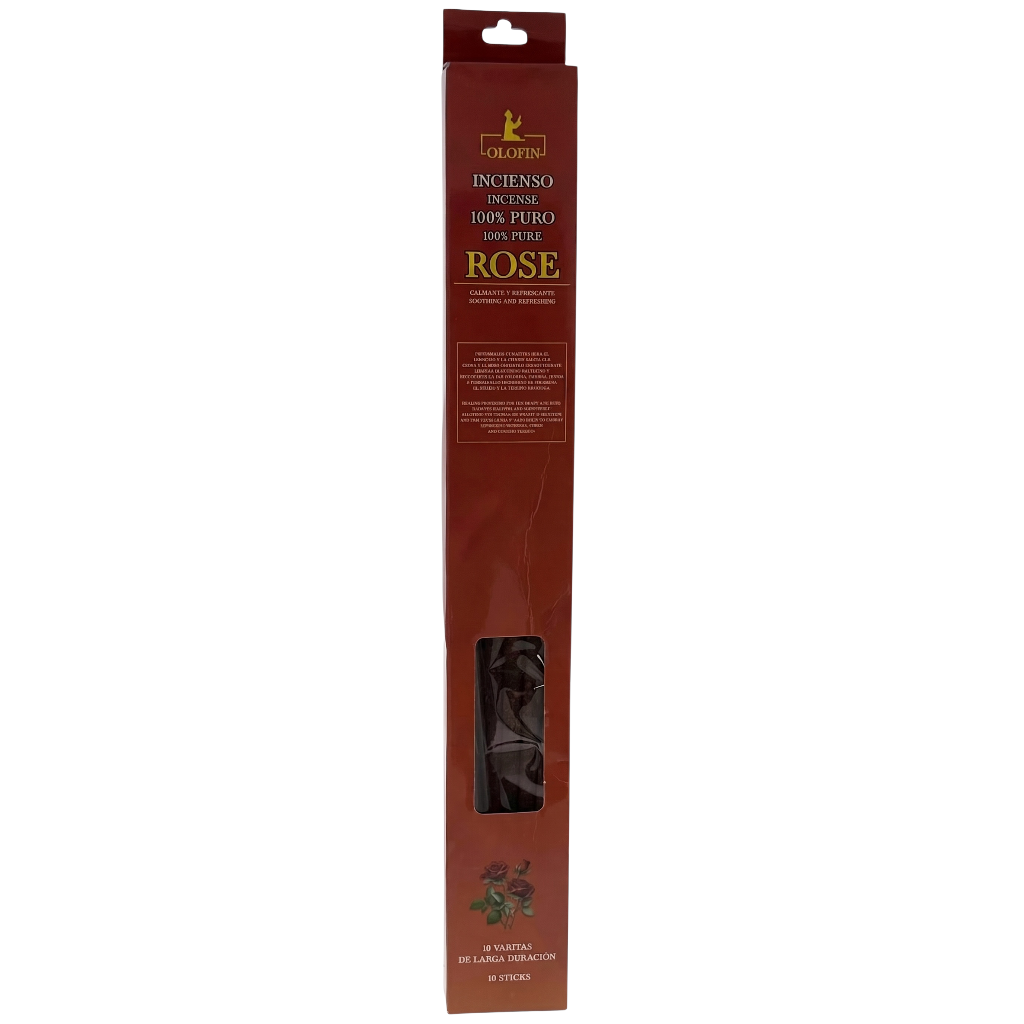 A tall, narrow brown cardboard box for incense, labeled 'Incenso 100% Puro con Aceite ROSE' and featuring a small clear window near the bottom that reveals dark incense sticks inside.
