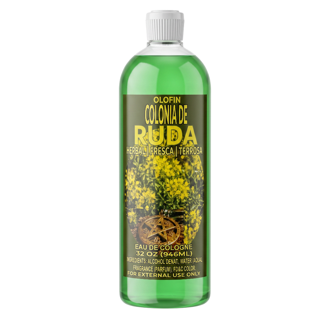 A 32 oz green plastic bottle of Olofin Colonia de Ruda fragrance, featuring a white ribbed cap and a label with yellow text and a yellow flower pattern, isolated on a white background.