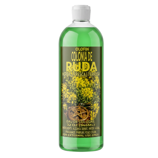 A 32 oz green plastic bottle of Olofin Colonia de Ruda fragrance, featuring a white ribbed cap and a label with yellow text and a yellow flower pattern, isolated on a white background.