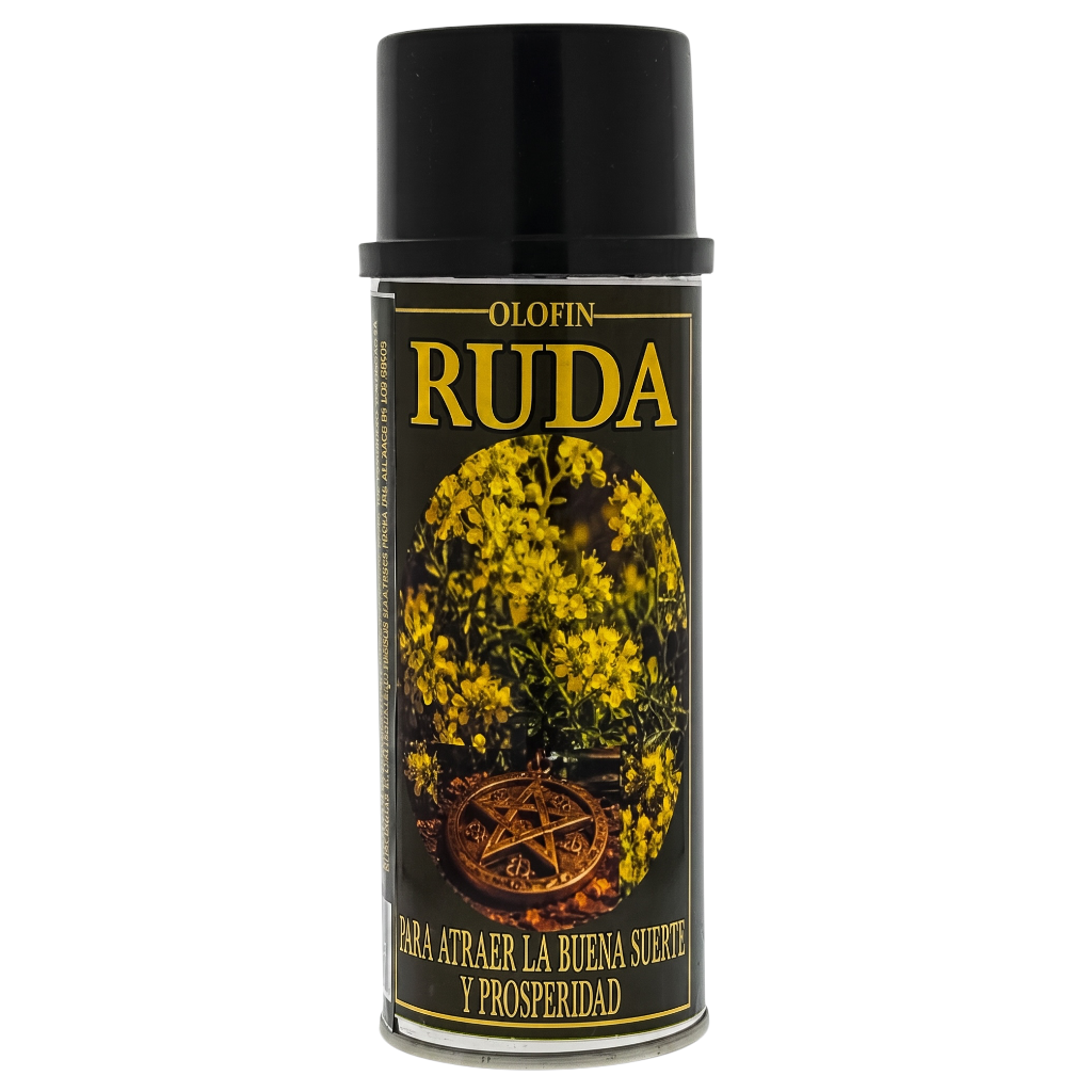 A black spray canister of Olofin Ruda, featuring a label with yellow flowers and a pentagram design on a white background.