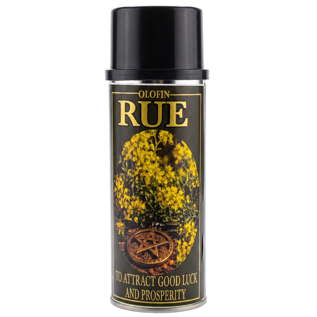 A black cylindrical spray bottle labeled 'Olofin RUE' with gold lettering and an illustration of yellow flowers and a pentagram on a black background. The bottle is centered on a plain white background.