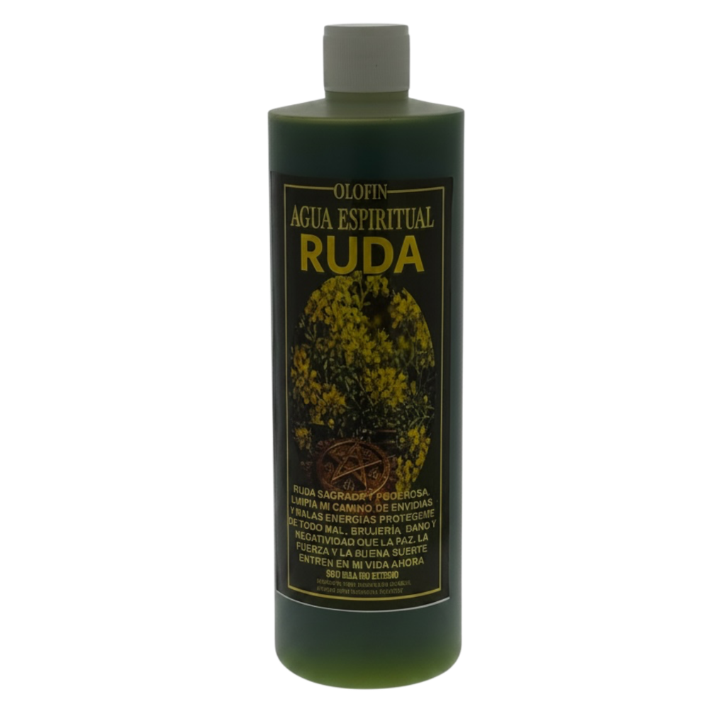 A dark green bottle of Olofin Agua Espiritual Ruda, featuring a black label with gold lettering and a yellow flower illustration, set against a plain white background.
