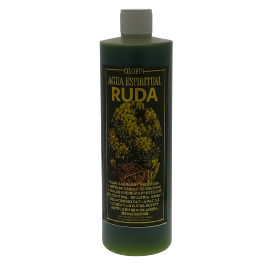 A dark green bottle of Olofin Agua Espiritual Ruda, featuring a black label with gold lettering and a yellow flower illustration, set against a plain white background.