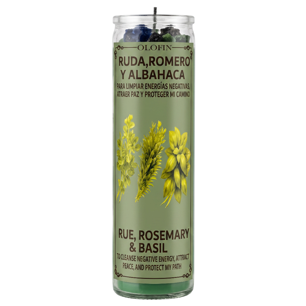 A tall glass jar candle with a clear lid and black wick, featuring a sage green label with illustrations of yellow-green herbs and Spanish text reading 'OLFIN RUDA, ROMERO Y ALBAHACA' and 'RUE, ROSEMARY & BASIL'.