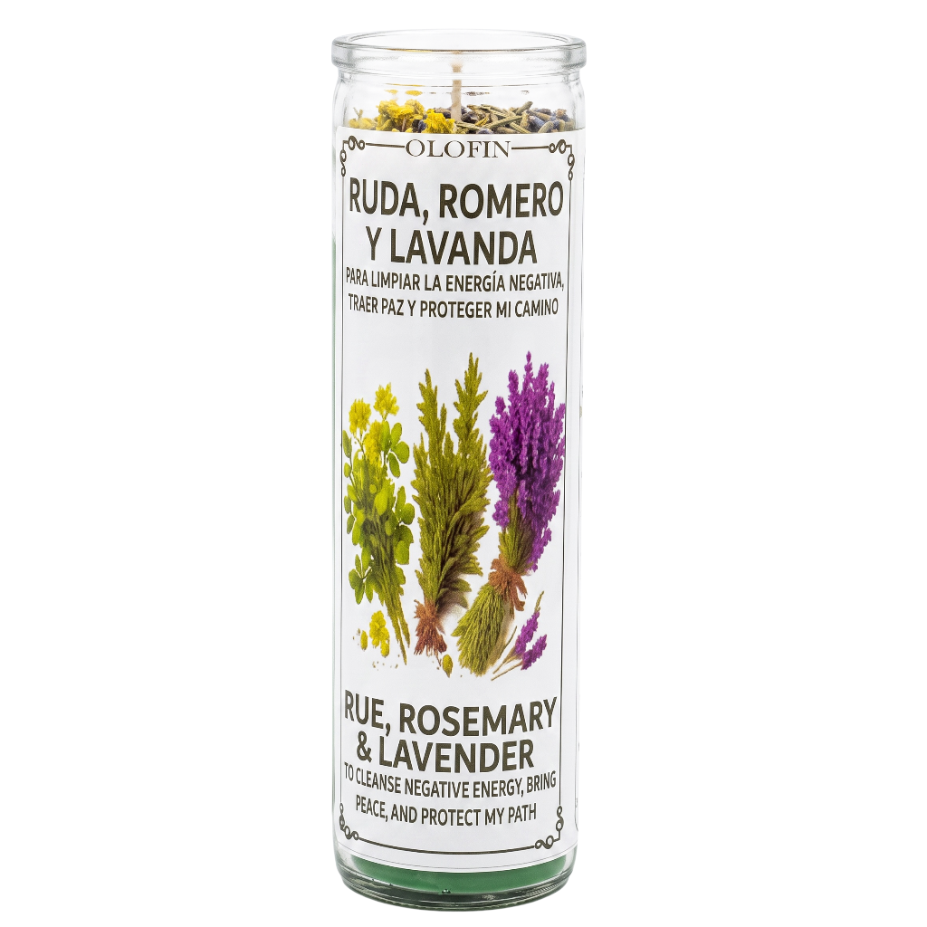 A tall glass jar candle with a white label reading 'OLOFIN Ruda, Romero y Lavanda Rue Rosemary & Lavender,' featuring botanical illustrations of green and purple herbs, on a plain white background.
