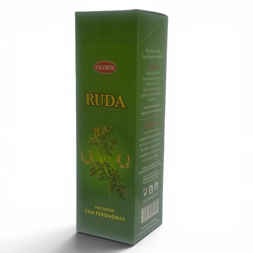 A green rectangular box of Olofin Ruda incienso con feromonas, featuring gold lettering and a botanical illustration on a white background.