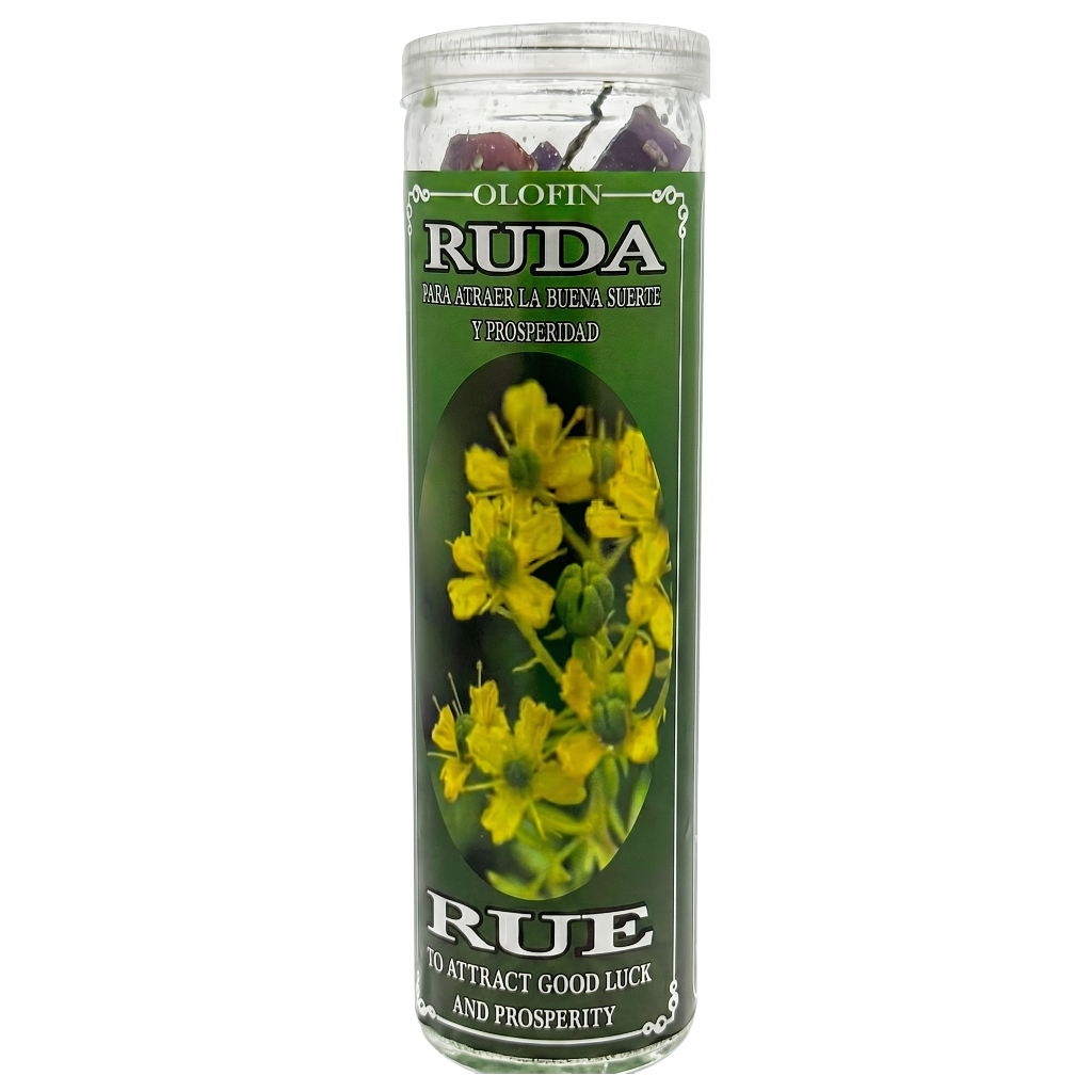 A tall glass jar candle labeled 'Olofin Ruda Rue' with a green label featuring yellow flowers, shown on a plain white background.