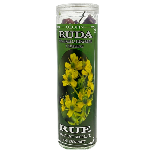 A tall glass jar candle labeled 'Olofin Ruda Rue' with a green label featuring yellow flowers, shown on a plain white background.