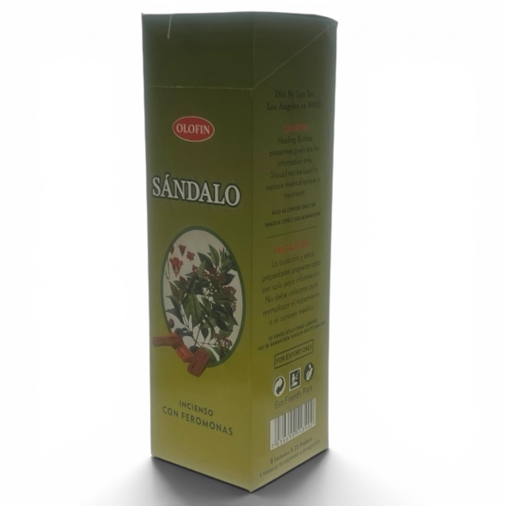 Olofin Sándalo incense box, featuring a dark olive green packaging with a botanical illustration of cinnamon leaves and roots, and a red Olofin logo.