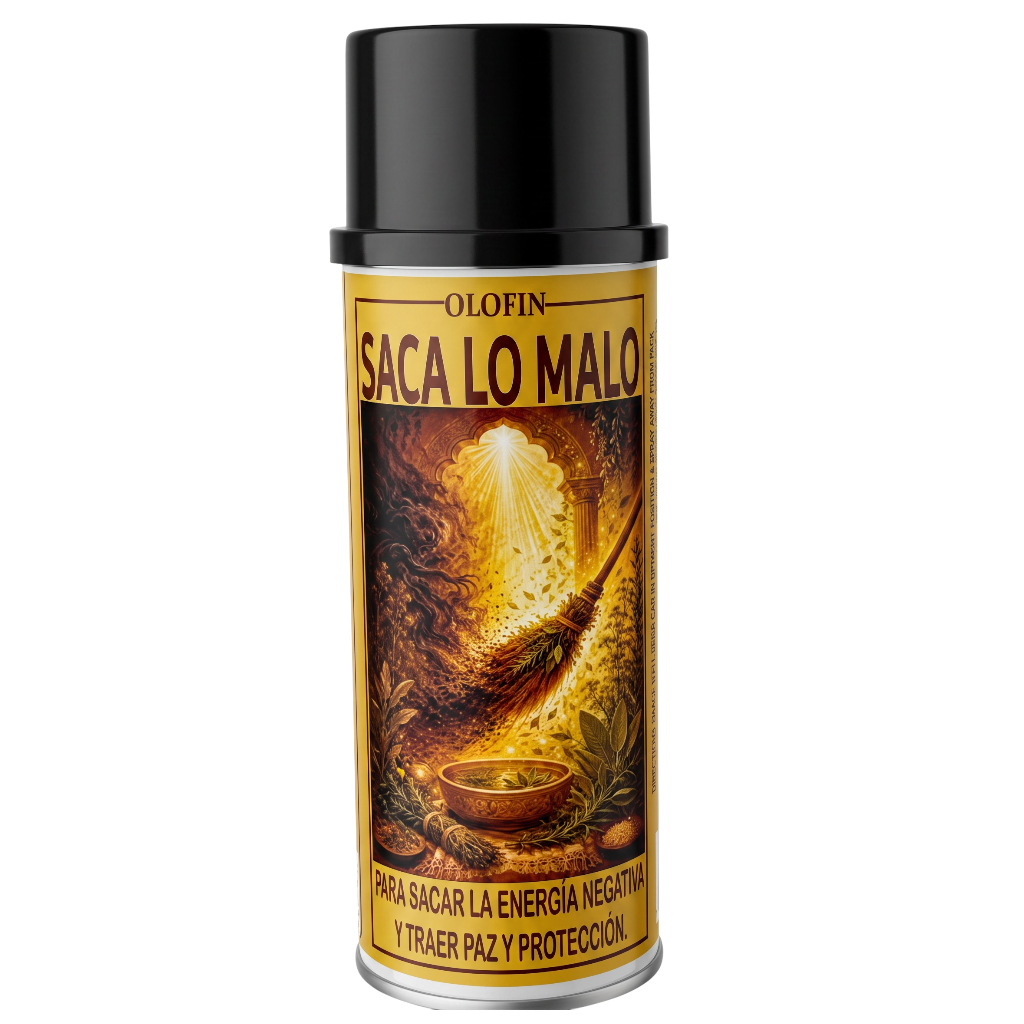 A can of Olofin 'Saca Lo Malo' spray with a black cap and a golden-yellow label featuring a glowing ritual illustration.