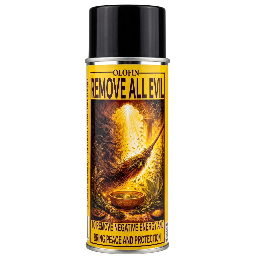 A single aerosol spray can of Olofin Remove All Evil, featuring a black cap and a bright yellow label with a fiery illustration and product text, on a plain white background.