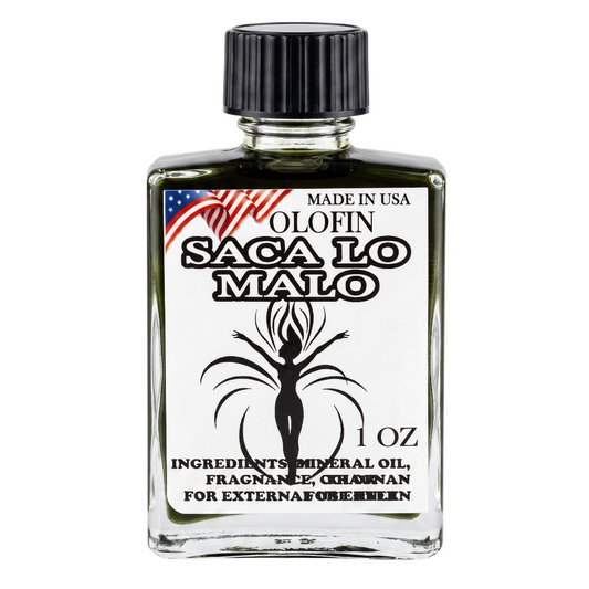 A 1 oz glass bottle of Olofin Saca Lo Malo fragrance oil with a black ribbed cap and a white label featuring a black dancer silhouette and red, white, and blue flag graphic.