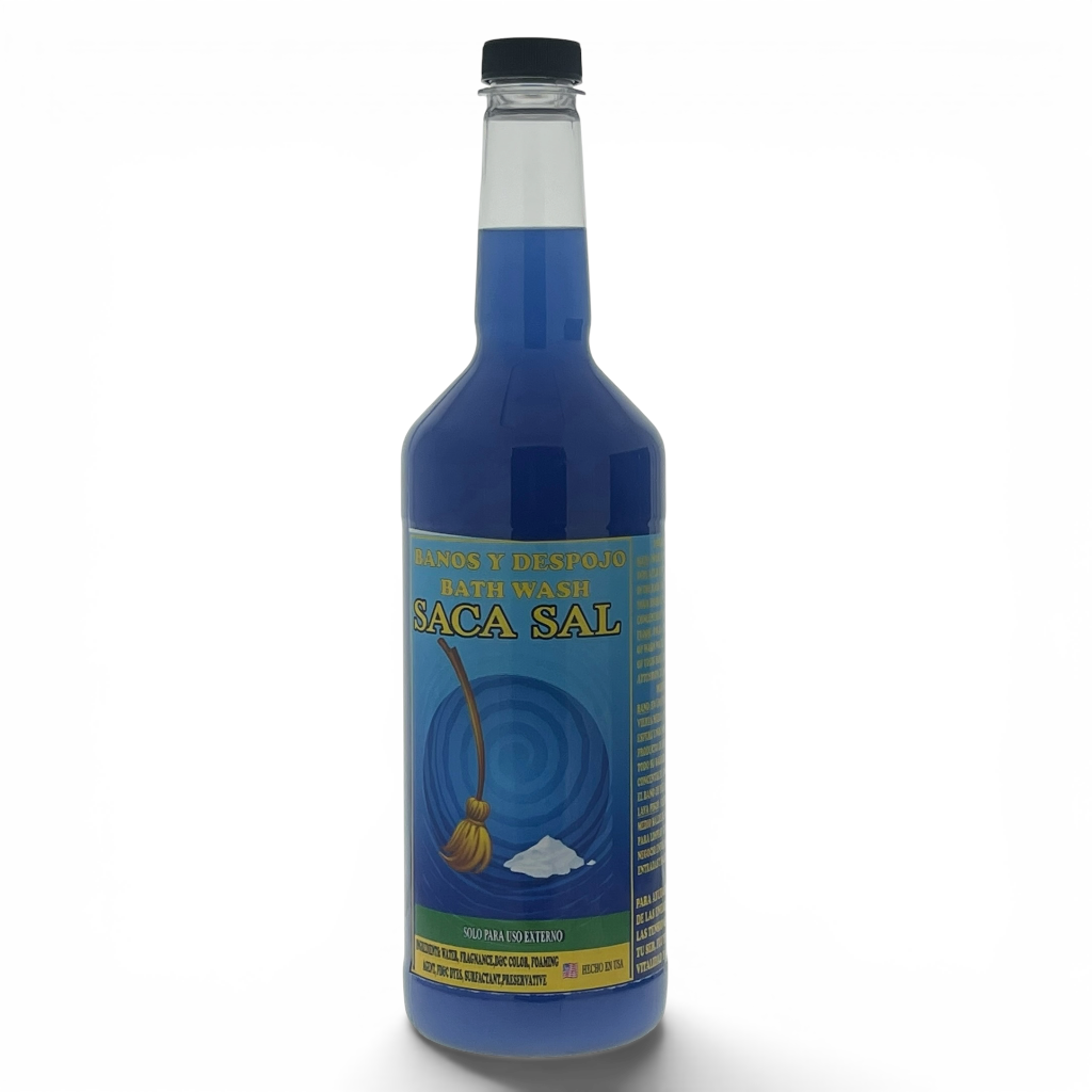 A glass bottle of Saca Sal herbal purifying liquid, filled with a vibrant blue liquid and topped with a black cap, set against a plain white background.