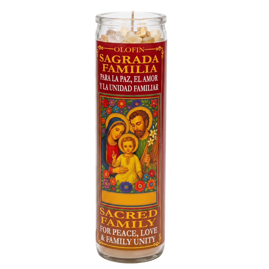 A tall glass jar candle labeled 'Olofin Sagrada Familia' with a colorful religious family illustration and Spanish and English text, shown on a plain white background.