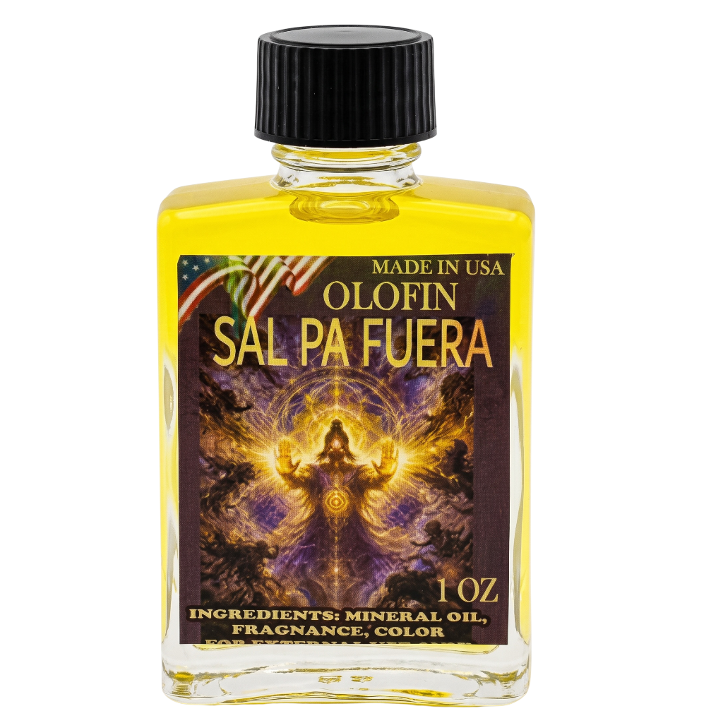 A 1 oz glass bottle of Olofin Sal Pa Fuera fragrance oil, filled with bright yellow liquid and topped with a black cap, featuring a detailed fantasy label.
