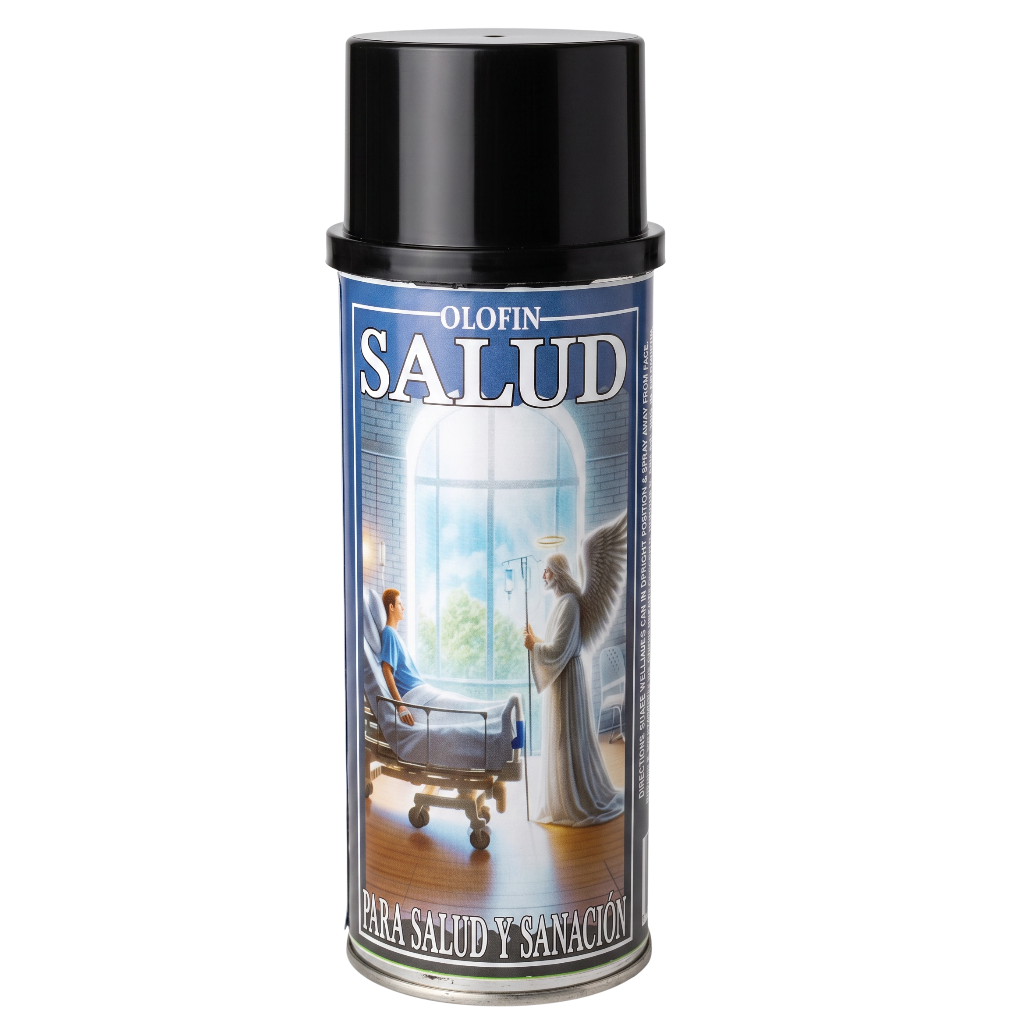 A can of Olofin Salud air freshener spray with a black cap and a blue label featuring an illustration of a doctor and an angel.