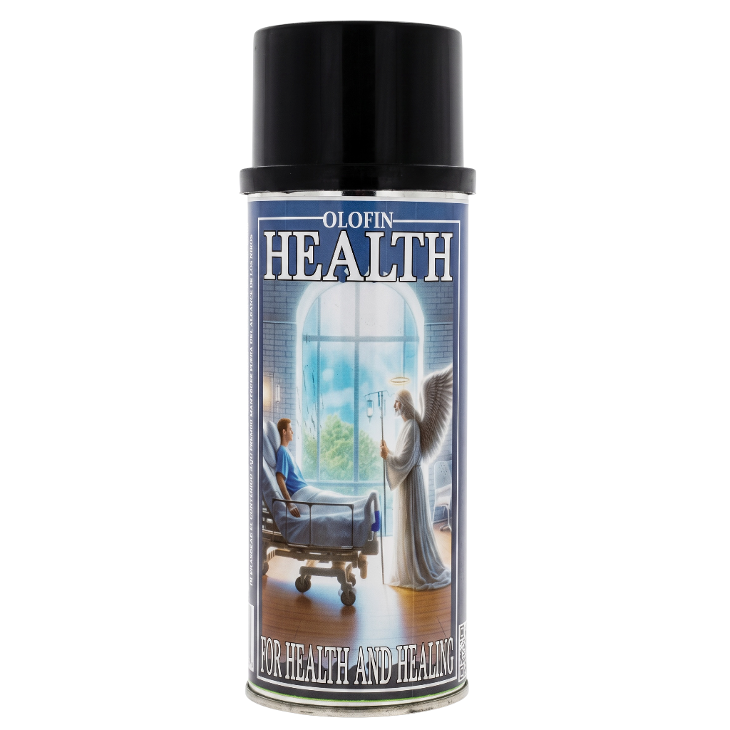 A can of Olofin Health All Purpose Spray with a black cap and a blue label featuring an illustration of a hospital room scene with a patient and an angel.