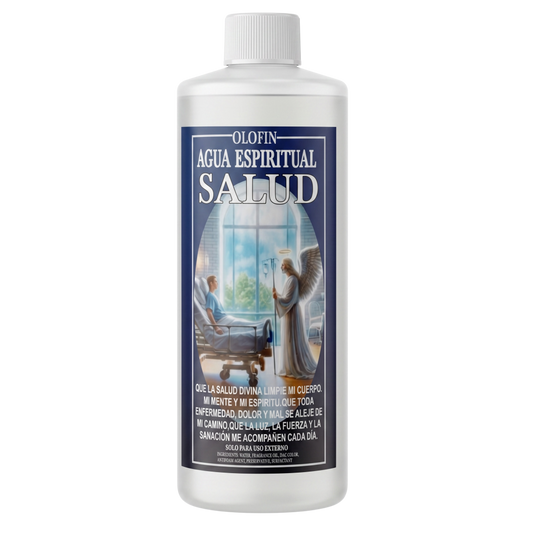 A white plastic bottle of Olofin Agua Espiritual Salud spiritual water with a white cap and a dark blue label featuring an illustration of an angel and a person in a hospital bed.