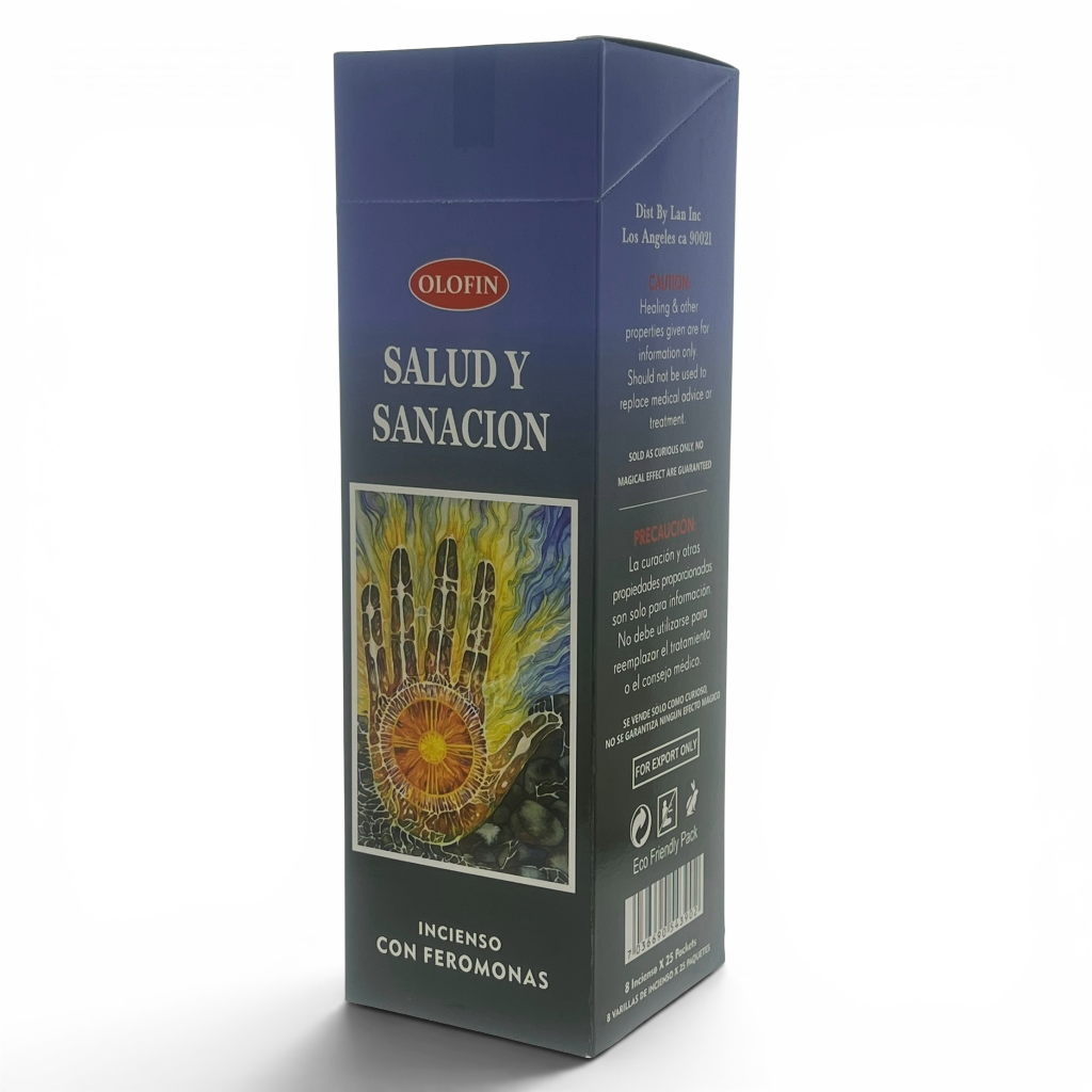 A tall rectangular blue box of Olofin Salud y Sanacion incense with a hand illustration and Spanish text, photographed on a light gray background.