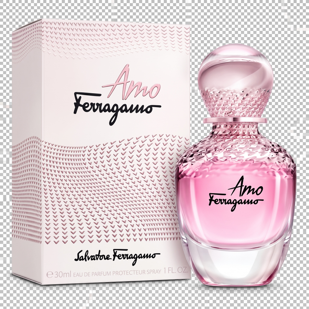 Pink Salvatore Ferragamo perfume bottle and packaging on a transparent background