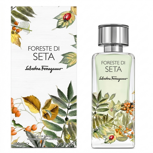 Salvatore Ferragamo Foreste di Seta perfume bottle and packaging with floral design.