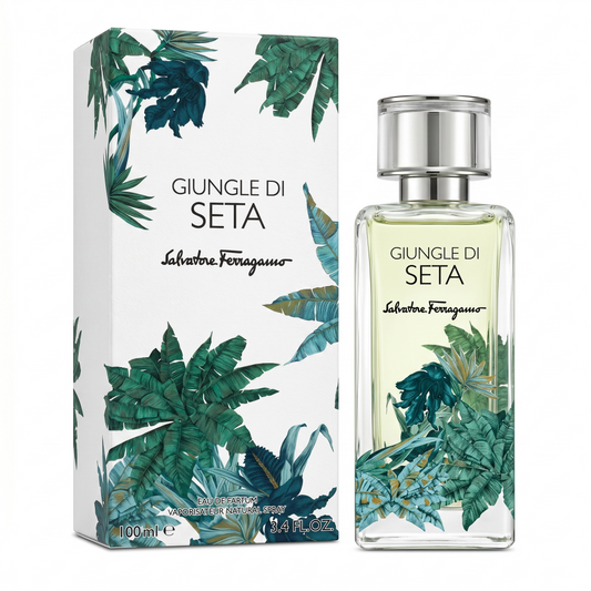 Salvatore Ferragamo Giungle Di Seta perfume bottle and packaging with green leaf design.