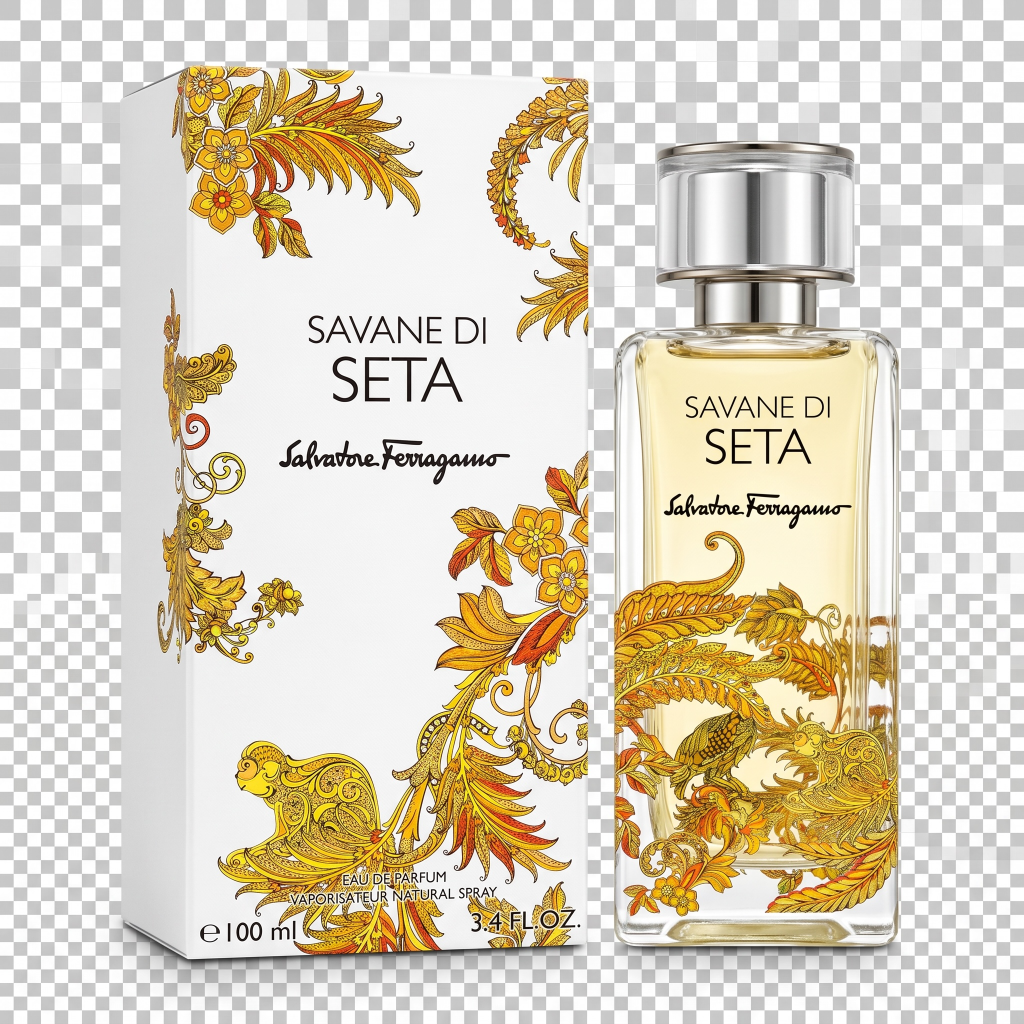 Salvatore Ferragamo Savane di Seta perfume bottle and packaging on a transparent background
