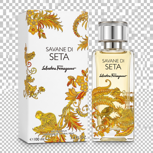 Salvatore Ferragamo Savane di Seta perfume bottle and packaging on a transparent background