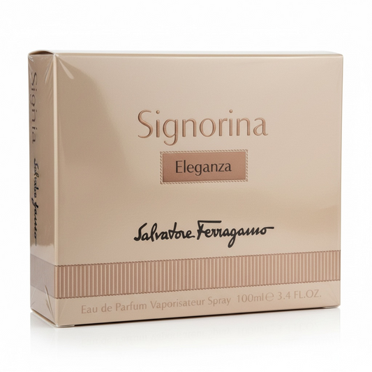 Salvatore Ferragamo Signorina Eleganza perfume packaging on a white background
