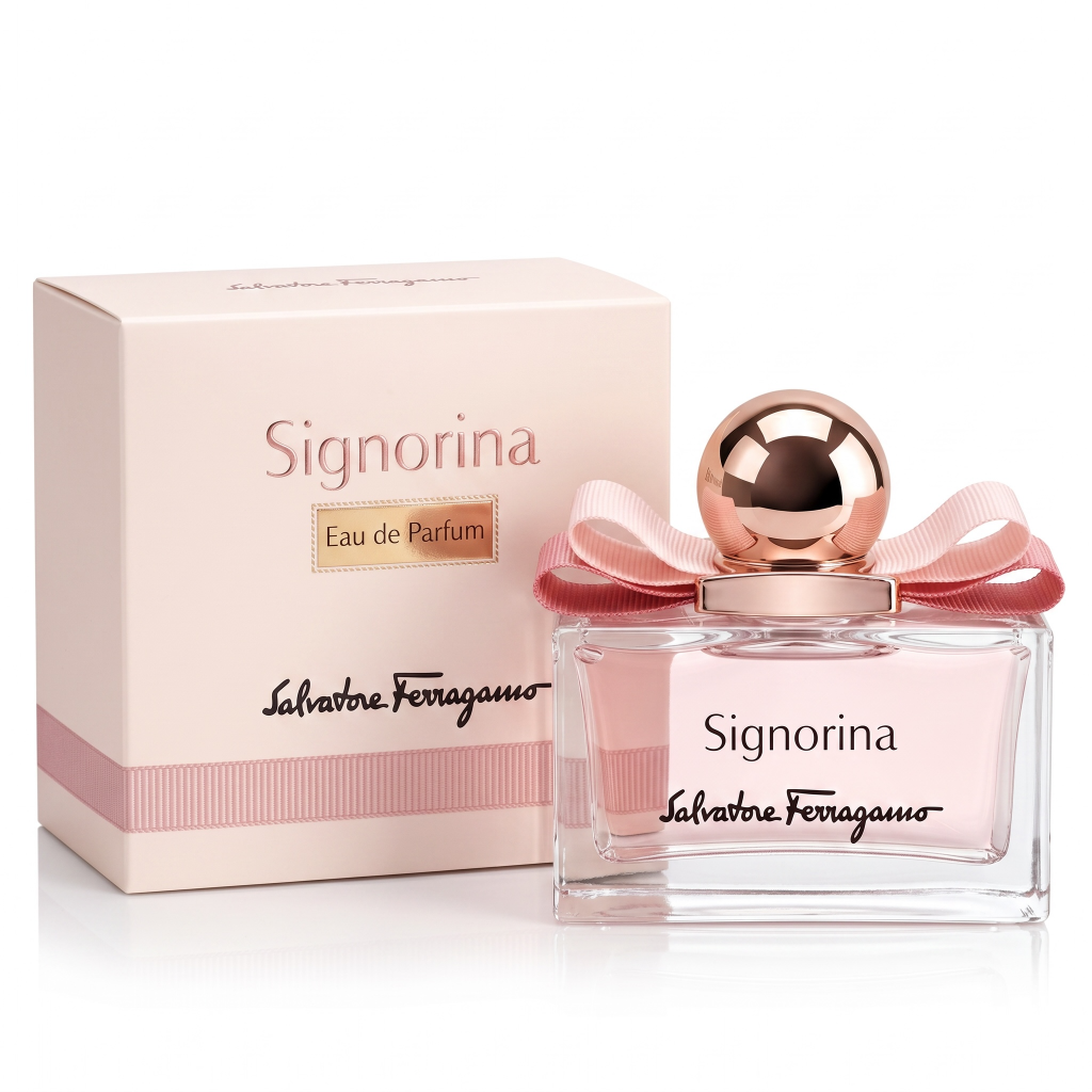 Salvatore Ferragamo Signorina perfume bottle and packaging on a white background