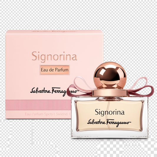 Salvatore Ferragamo Signorina Eau de Parfum bottle and packaging on a transparent background