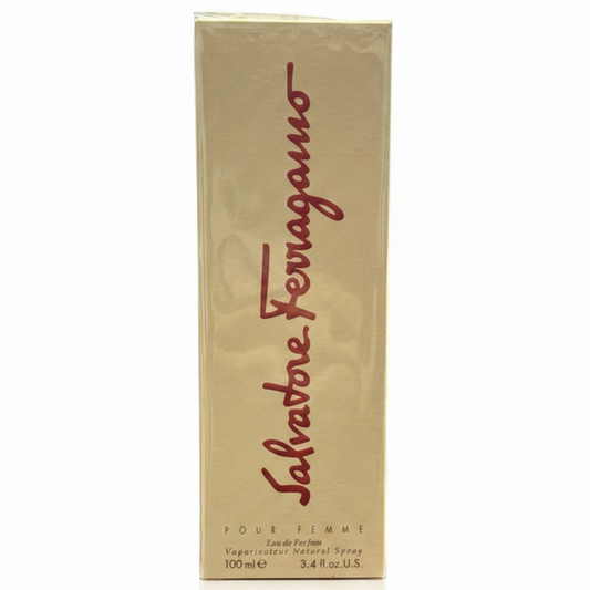 Salvatore Ferragamo women's perfume box on a white background