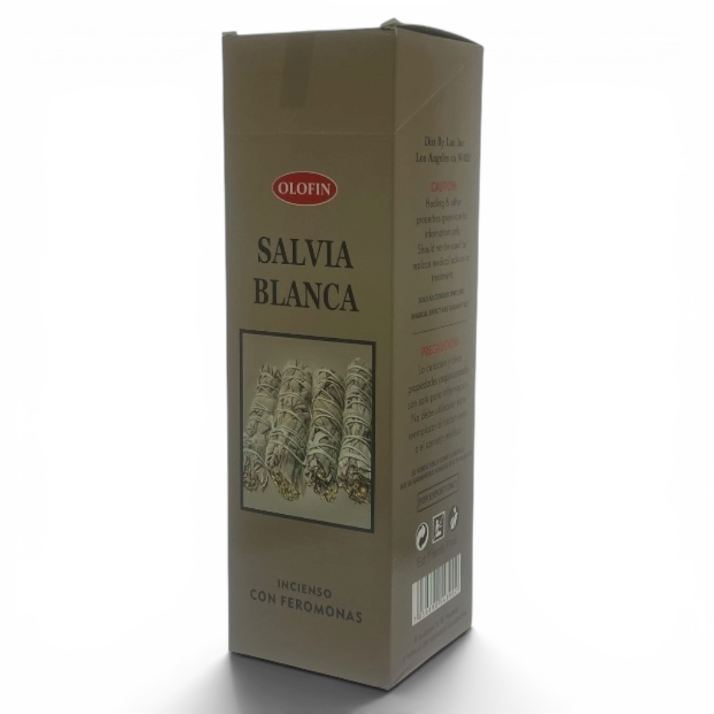 A tall rectangular Olofin Salvia Blanca incense box, featuring a beige design with a red Olofin logo and an image of dried salvia leaves, set against a plain white background.