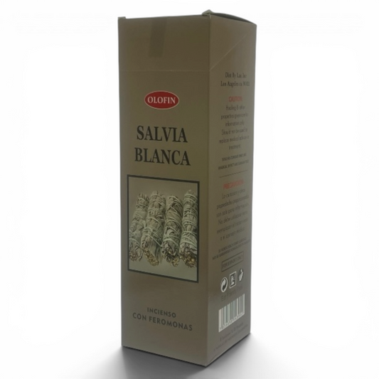 A tall rectangular Olofin Salvia Blanca incense box, featuring a beige design with a red Olofin logo and an image of dried salvia leaves, set against a plain white background.