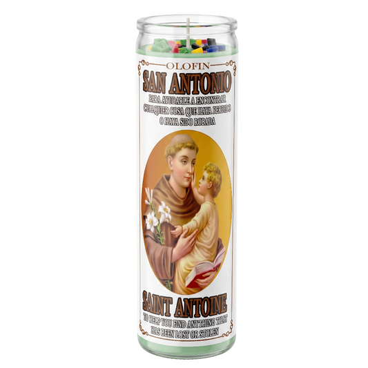 A tall glass jar devotional candle labeled 'Olofin San Antonio' with a printed illustration of Saint Antonio and a child on the front, shown on a plain white background.