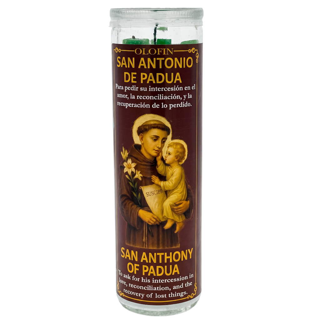 A tall glass jar prayer candle featuring a dark brown label with gold text reading 'Orofin San Antonio de Padua' and 'San Anthony of Padua,' plus an illustration of the saint holding a child. The candle is shown upright on a plain white background.