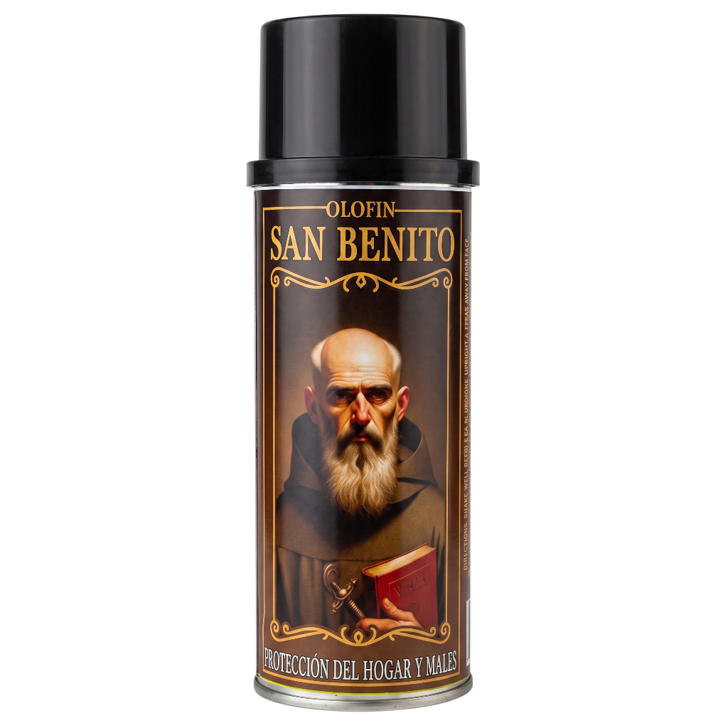 A can of Olofin San Benito protection spray for monks and priests, featuring a dark brown label with a portrait of Saint Benedict and gold lettering, topped with a black cap.