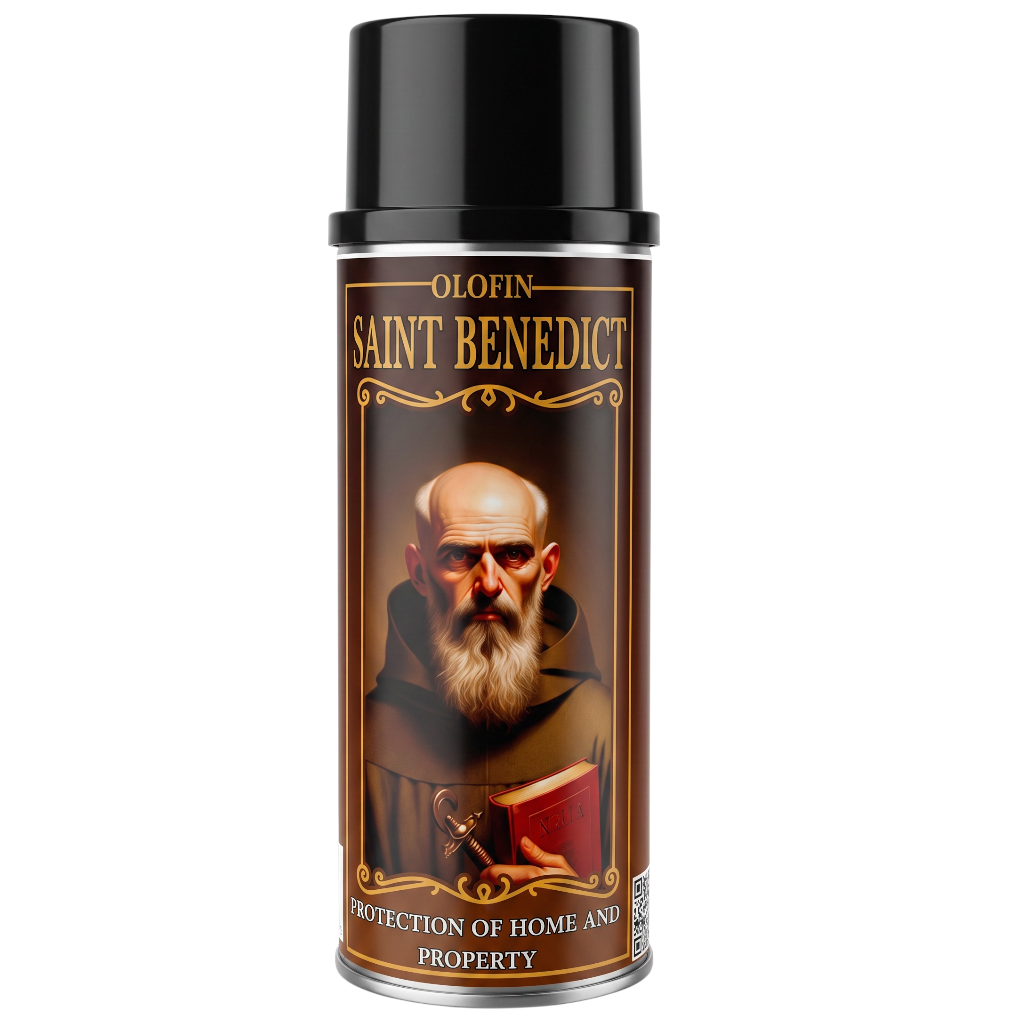 A can of Olofin Saint Benedict protection spray with a black cap and a brown label featuring an illustration of Saint Benedict.