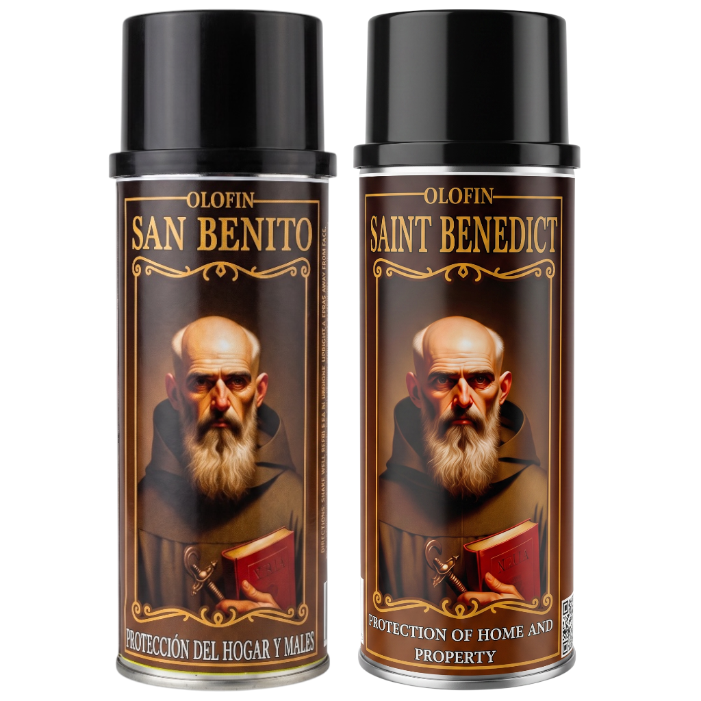 Two black spray cans of Olofin San Benito / Saint Benedict home protection spray, featuring a label with an illustration of Saint Benedict holding a book.