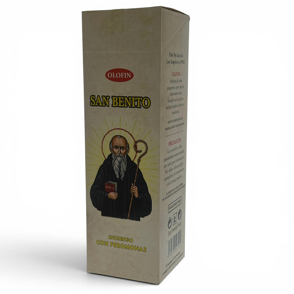 A tall rectangular cardboard box for Olofin San Benito incense, featuring a beige background with a printed illustration of Saint Benito holding a candelabra and book, on a white studio background.