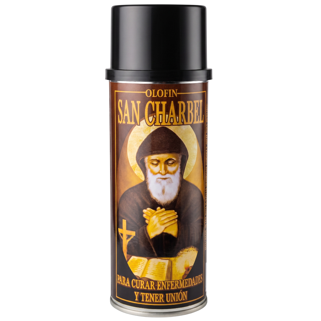 A black spray can of Olofin San Ciarbel, featuring a brown and gold label with an illustration of Saint Ciarbel and Spanish text.
