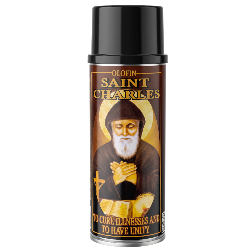 A can of Olofin Saint Charles spray with a black cap and a brown label featuring an illustration of Saint Charles with a gold halo and text.