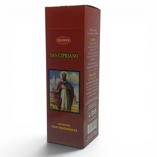 A tall, dark red rectangular box of Olofin San Cipriano incense with a small illustration of Saint Christopher on the front, photographed on a white background.